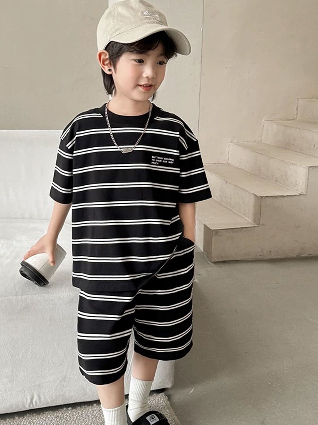 

LULU & SKY Boys Striped Round Neck Cotton T-Shirt With Shorts, Black