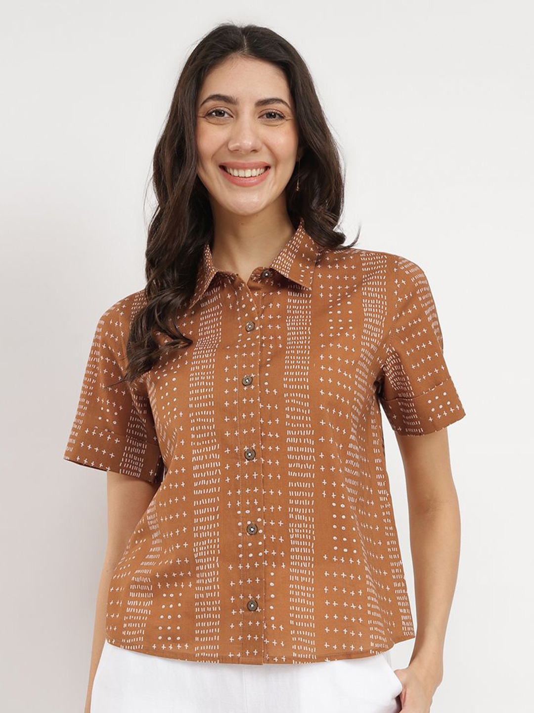 

Pink Fort Geometric Print Cotton Crop Top, Tan