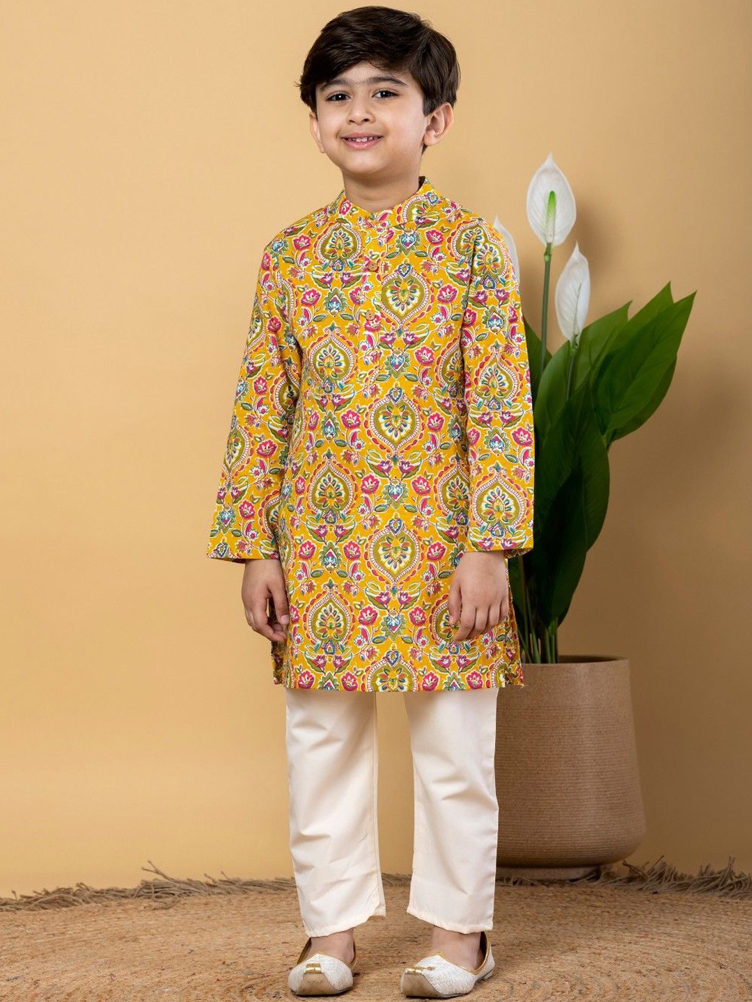 

Readiprint Boys Floral Printed Mandarin Collar Cotton Straight Kurta With Trouser, Yellow