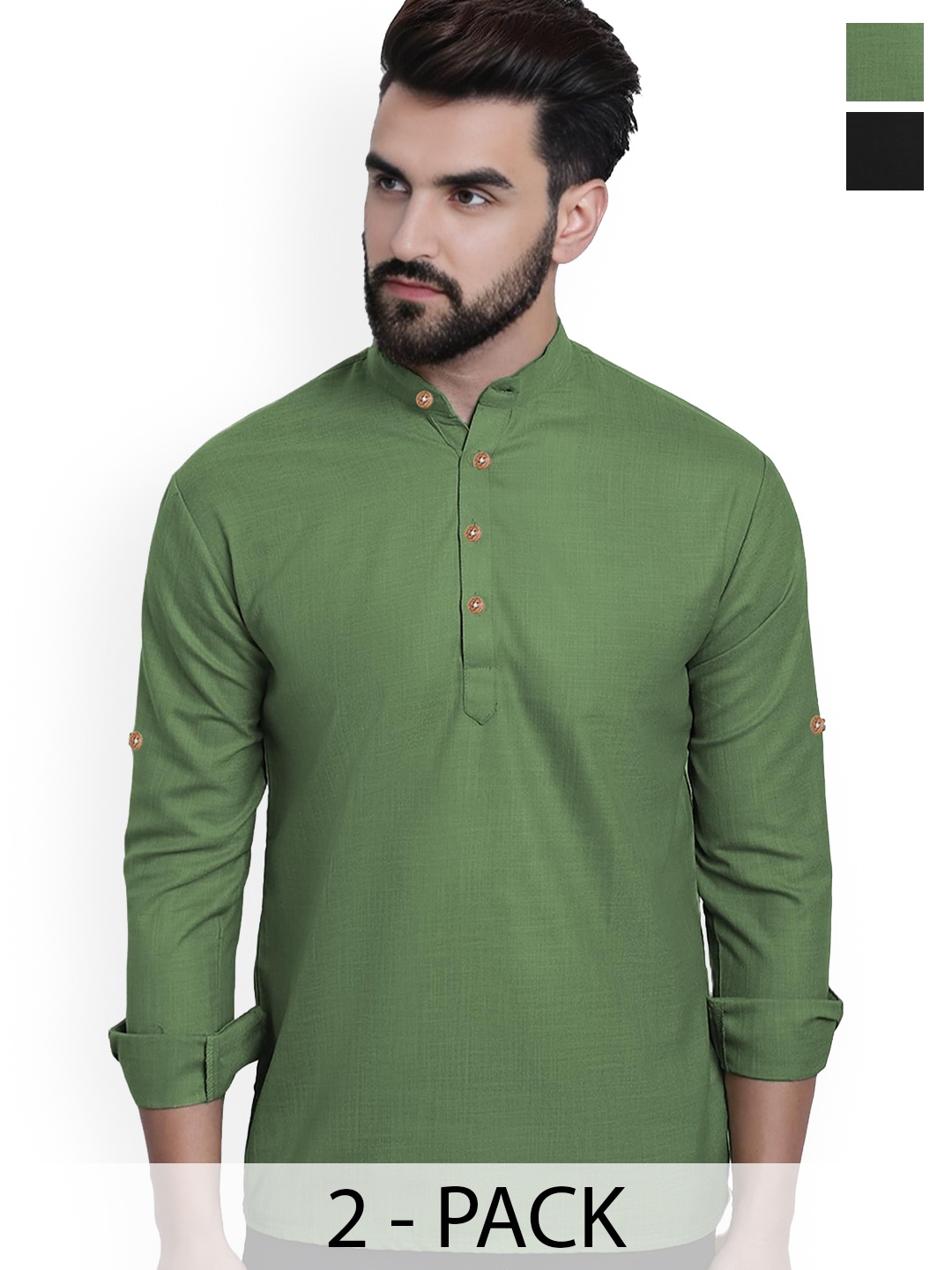 

Vida Loca Selection Of 2 Band Collar Cotton Straight Short Kurtas, Olive