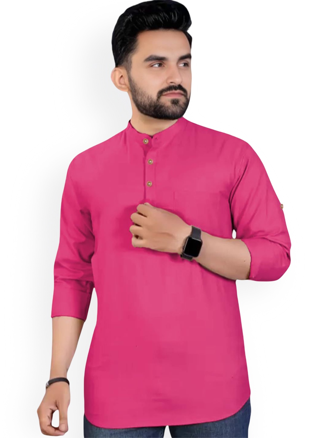 

Vida Loca Band Collar Cotton Straight Short Kurta, Pink