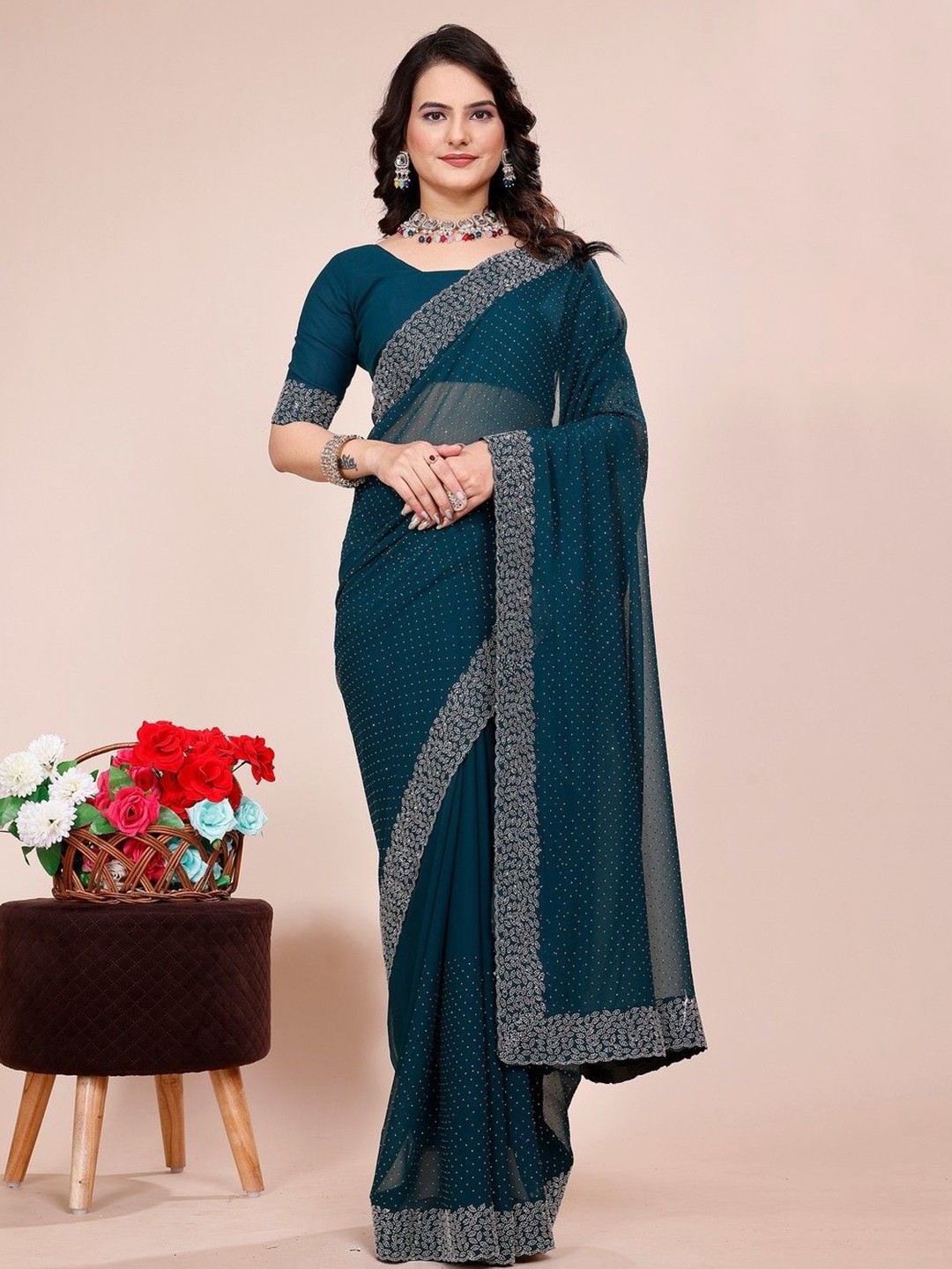 

K 5 Fashion Embellished Beads and Stones Pure Georgette Saree, Green
