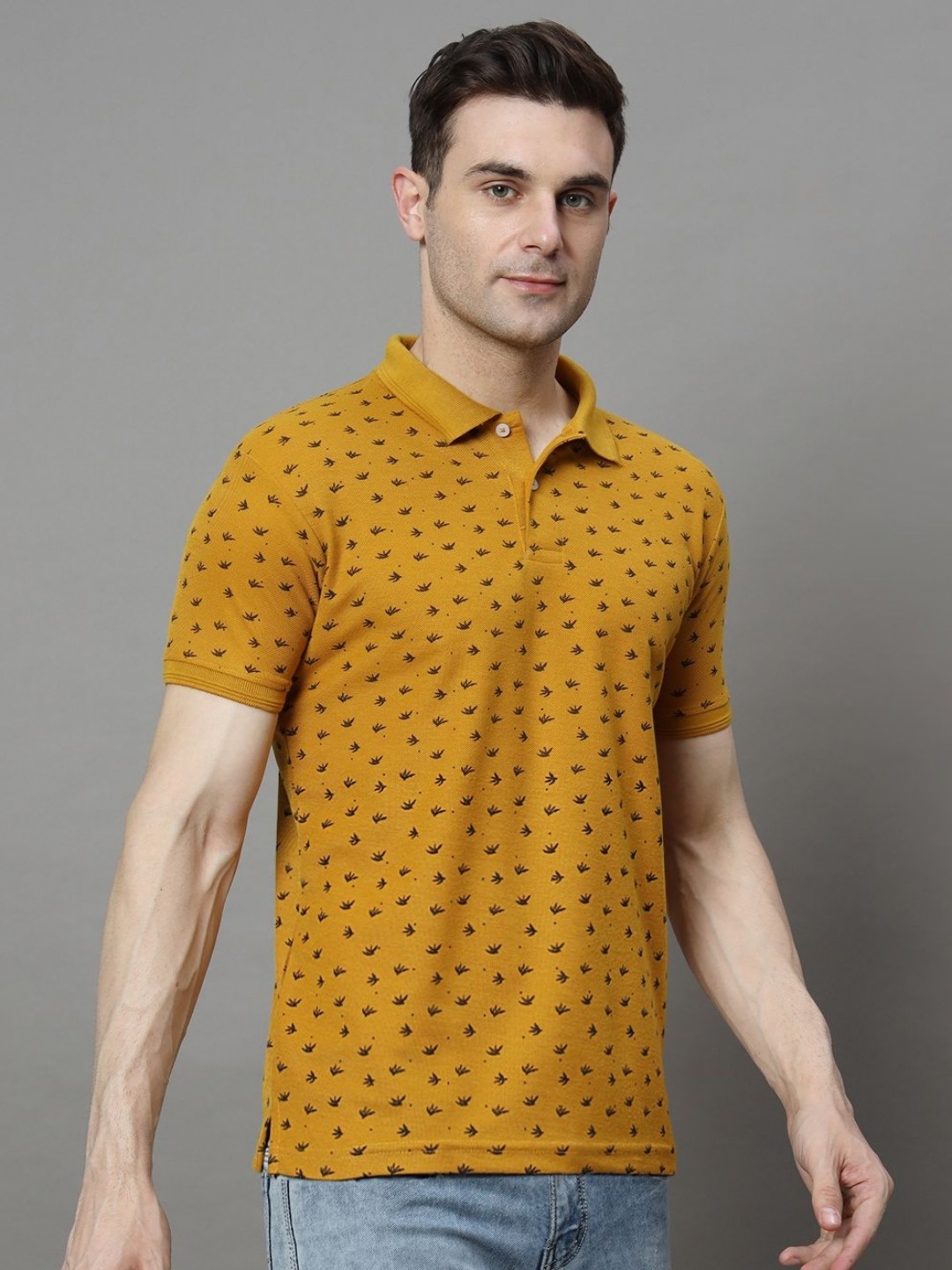 

SZN Men Abstract Printed Polo Collar Cotton T-shirt, Mustard