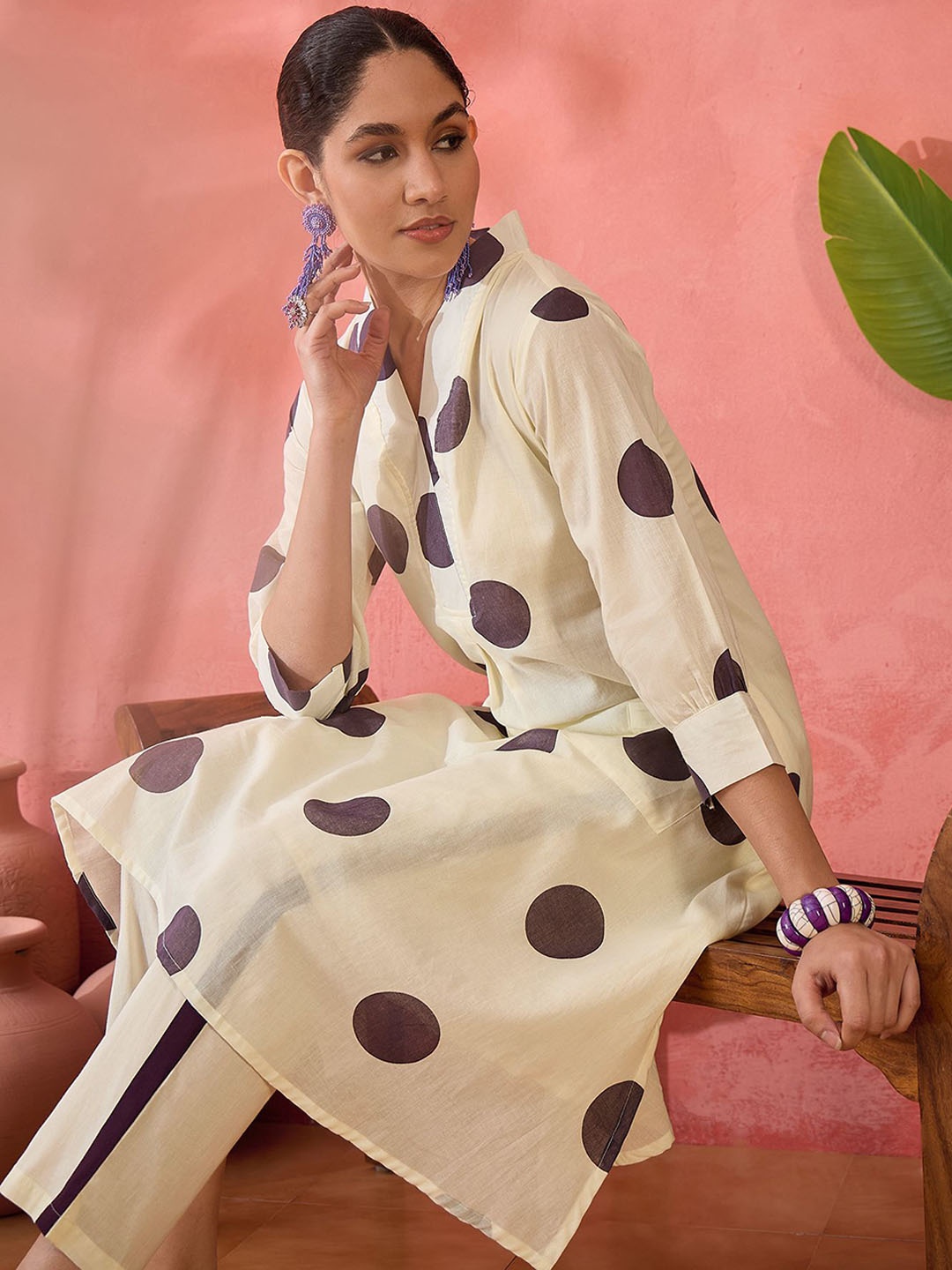 

Sangria Geometric Printed V-Neck Pure Cotton A-Line Kurta With Trouser, Off white