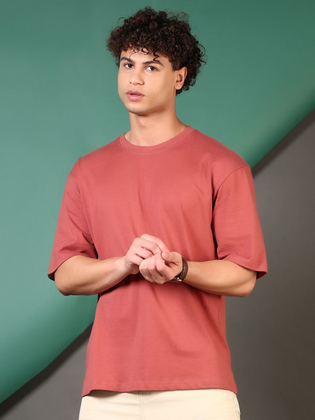 

V-Mart Men Solid Round Neck Cotton Oversized T-shirt, Rust