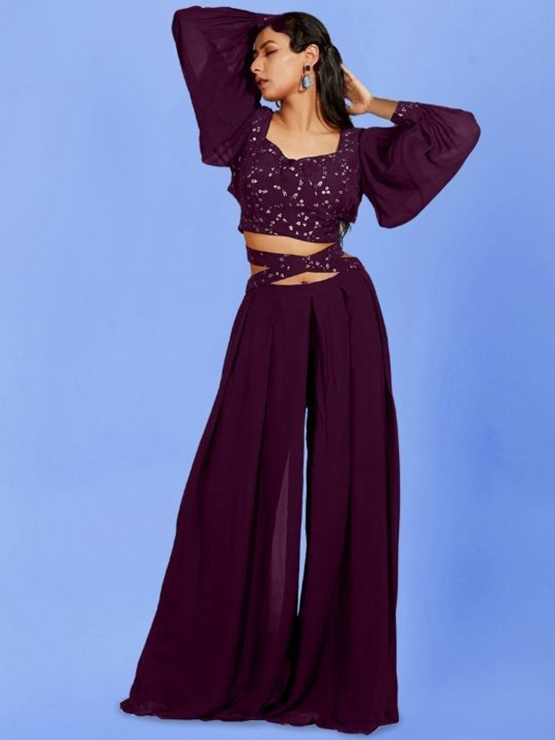 

PARROT CREATION Floral Embroidered Sweetheart Neck Crop Top With Palazzos, Burgundy