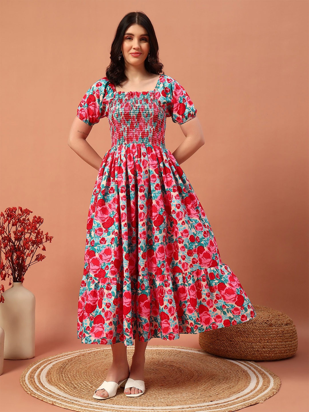 

ZWERLON Printed Smocked Fit and Flare Midi Dress, Pink