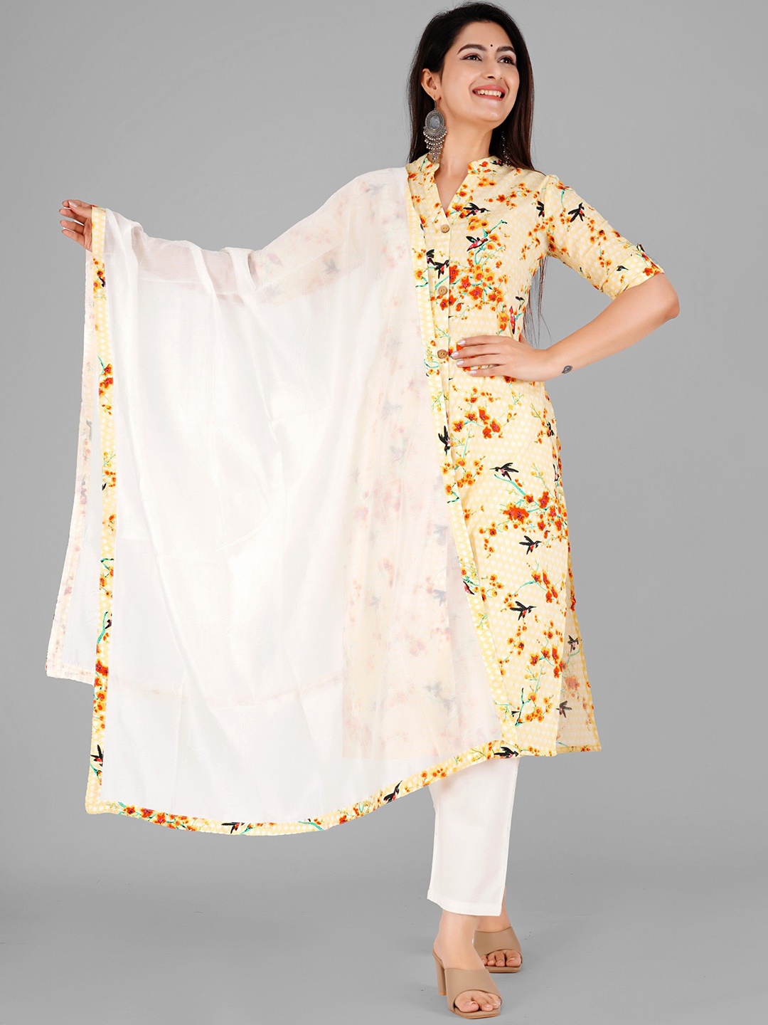 

rf clothes Floral Printed Mandarin Collar Pure Cotton A-Line Kurta With Trouser & Dupatta, Beige