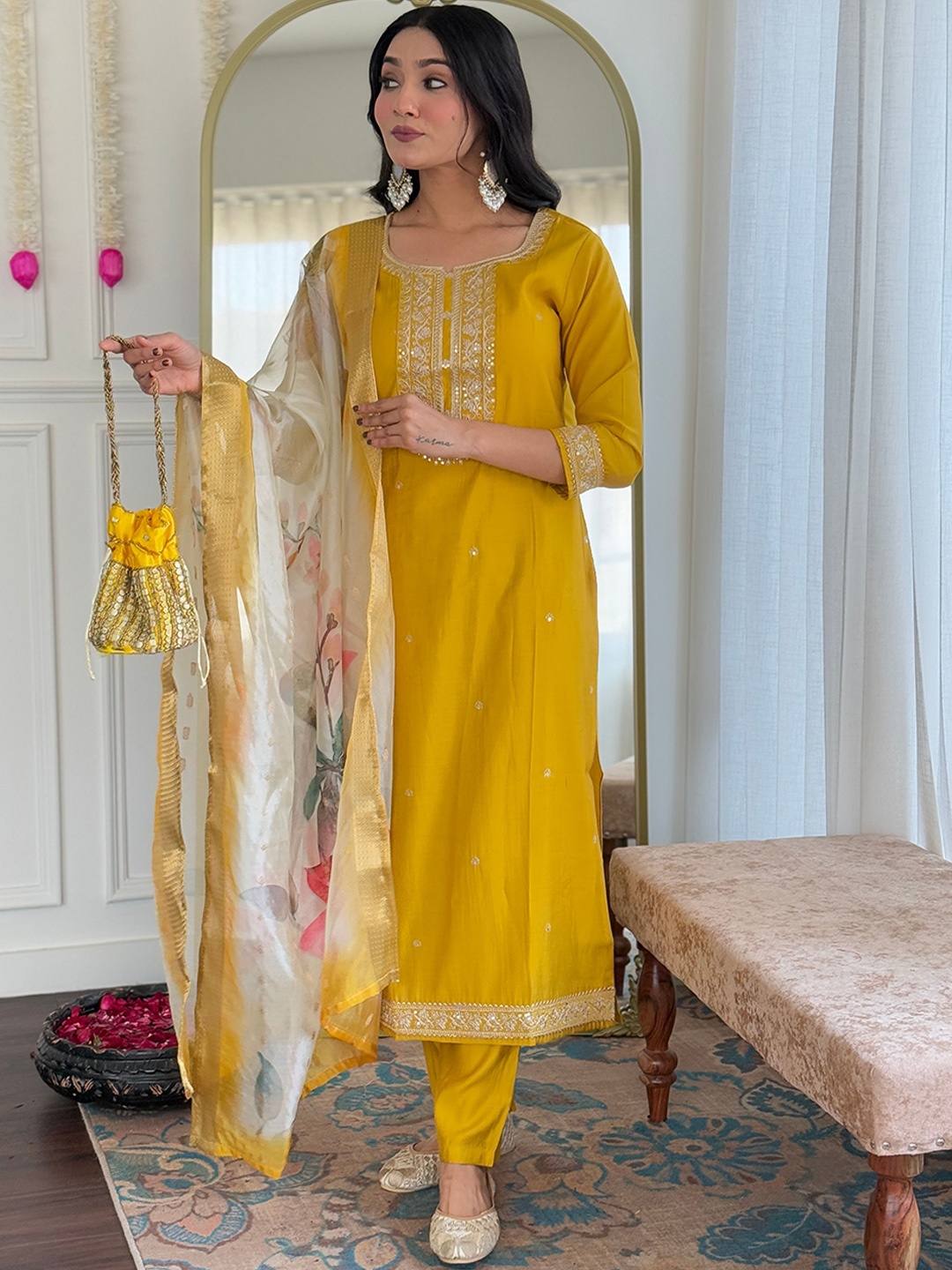 

Navlik Floral Embroidered Sequinned Straight Kurta With Trousers And Dupatta, Yellow