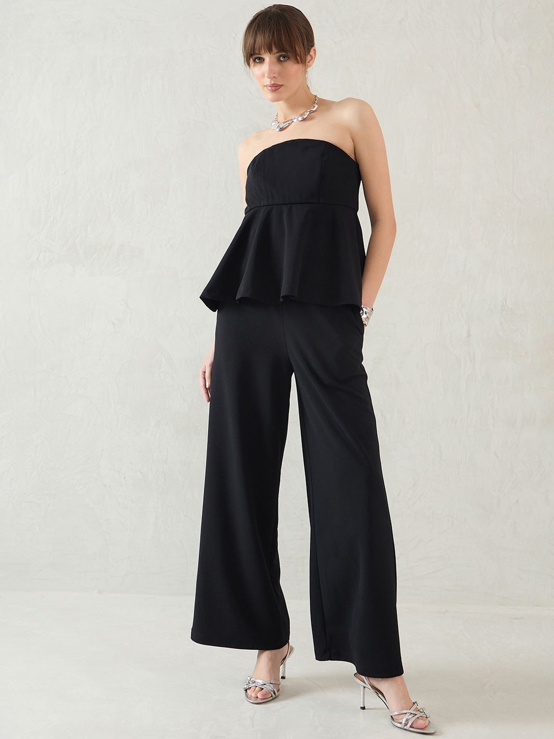 

FEMMELLA Strapless Pemplum Top With Trousers, Black