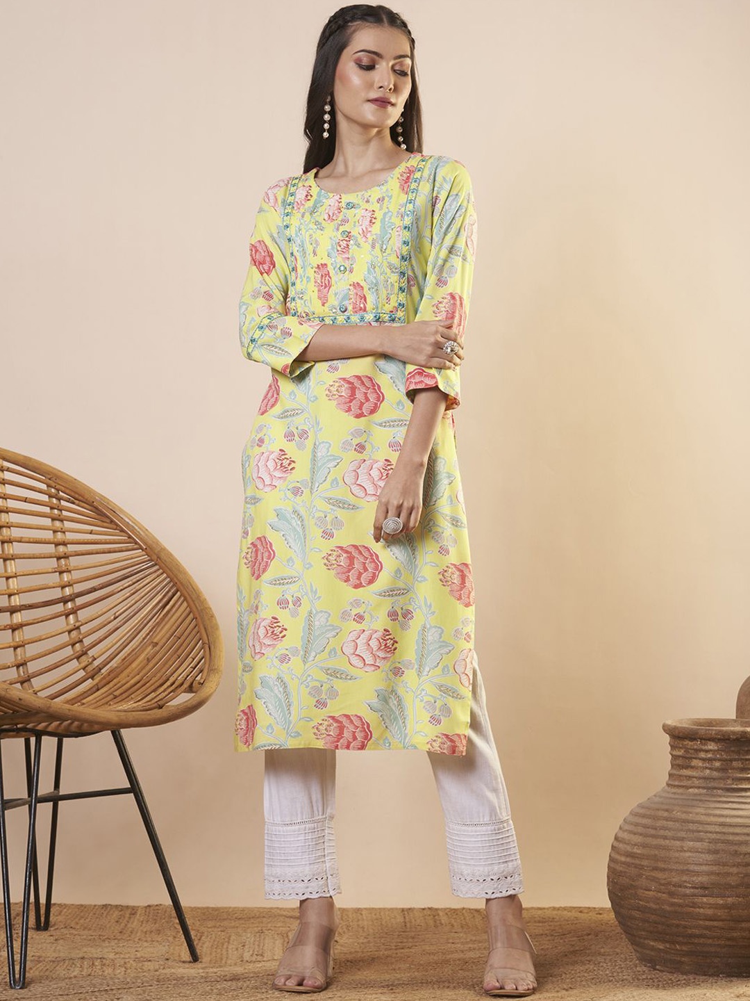 

FASHOR Floral Printed Thread Work Pure Cotton Straight Kurta, Yellow