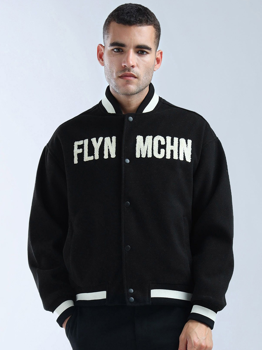 

Flying Machine Men Brand Logo Varsity Jacket, Black