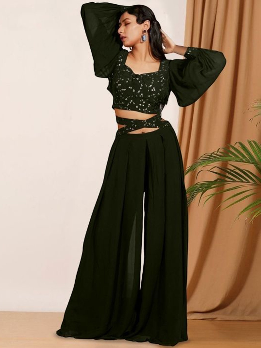 

PARROT CREATION Floral Embroidered Poly Georgette V-Neck Crop Top With Palazzos, Olive