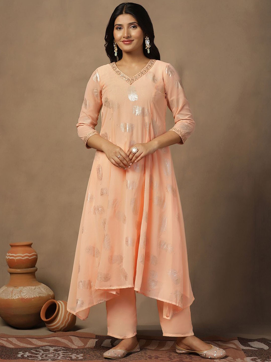 

Sangria Floral Foil Printed V-Neck A-Line Kurta & Trousers, Peach