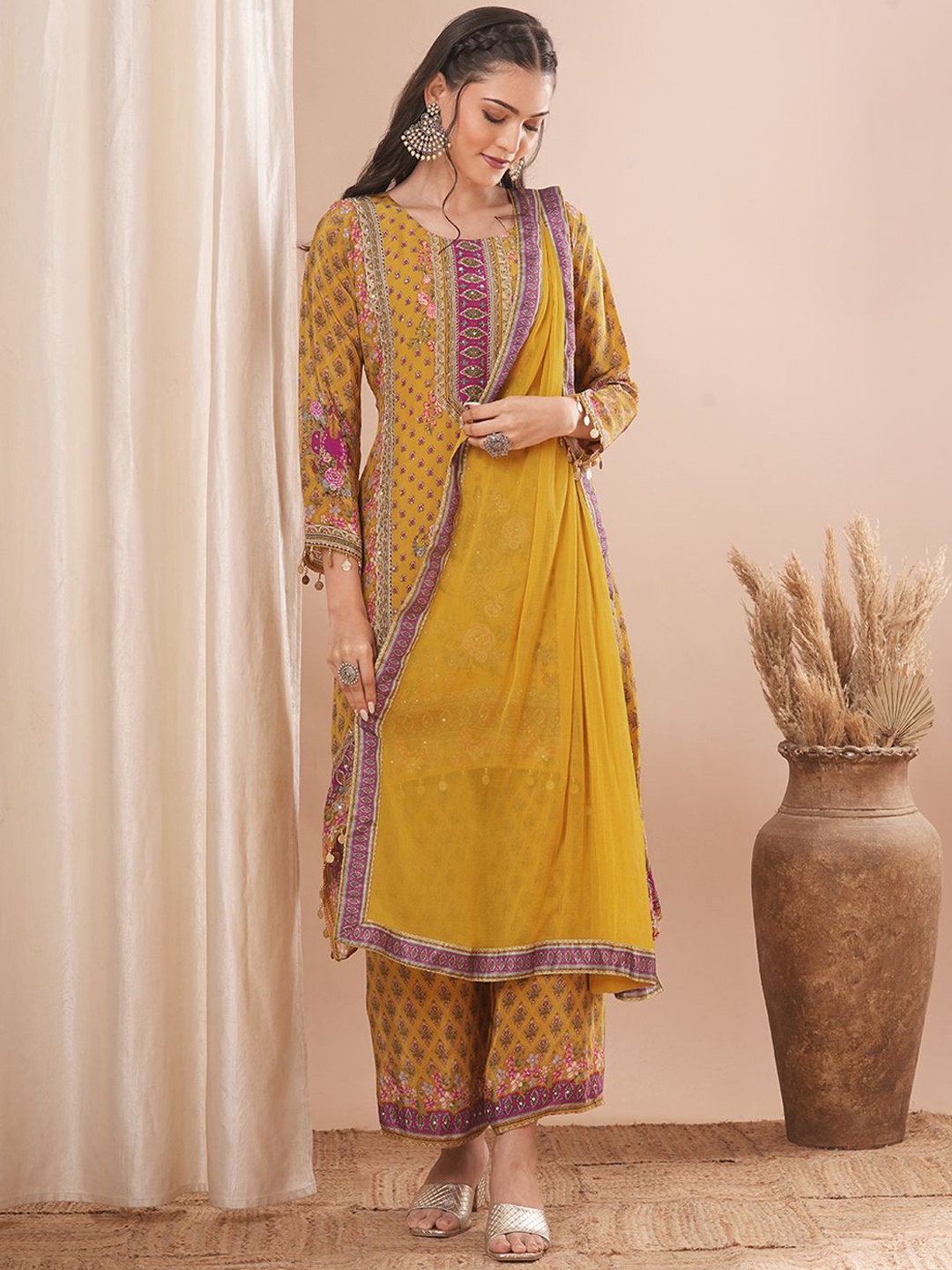 

FASHOR Floral Embroidered Round Neck Beads & Stones A-Line Kurta With Trousers & Dupatta, Yellow