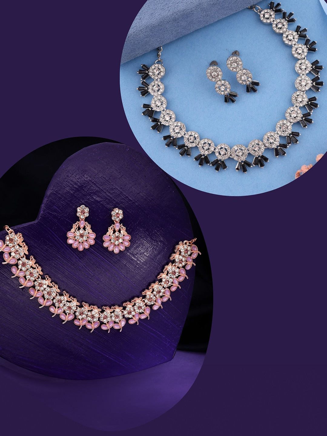 

DIVASTRI Set Of 2 Rose Gold-Plated American Diamond Studded Jewellery Set