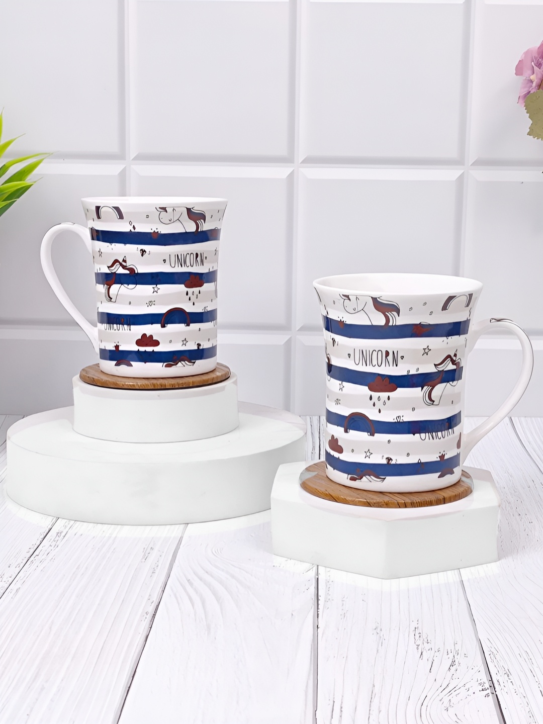 

UPC White & Blue 2 pcs Printed Dishwasher and Microwave Safe Ceramic Glossy Mugs