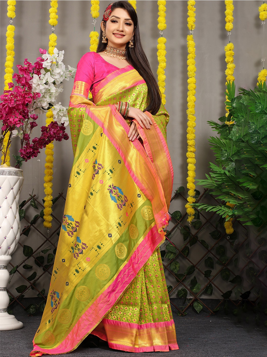 

Kandora Woven Design Zari Pure Silk Heavy Work Paithani Saree, Olive