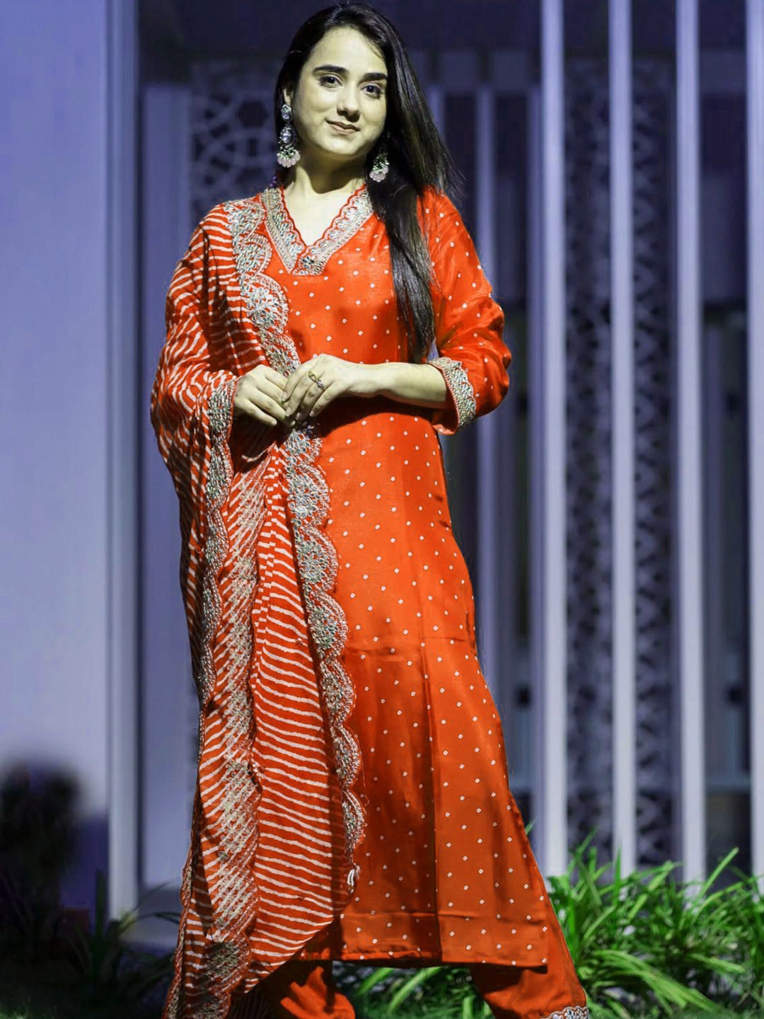 

HETVI CREATION Ethnic Motifs Embroidered Gotta Patti A-Line Kurta With Trousers & Dupatta, Orange