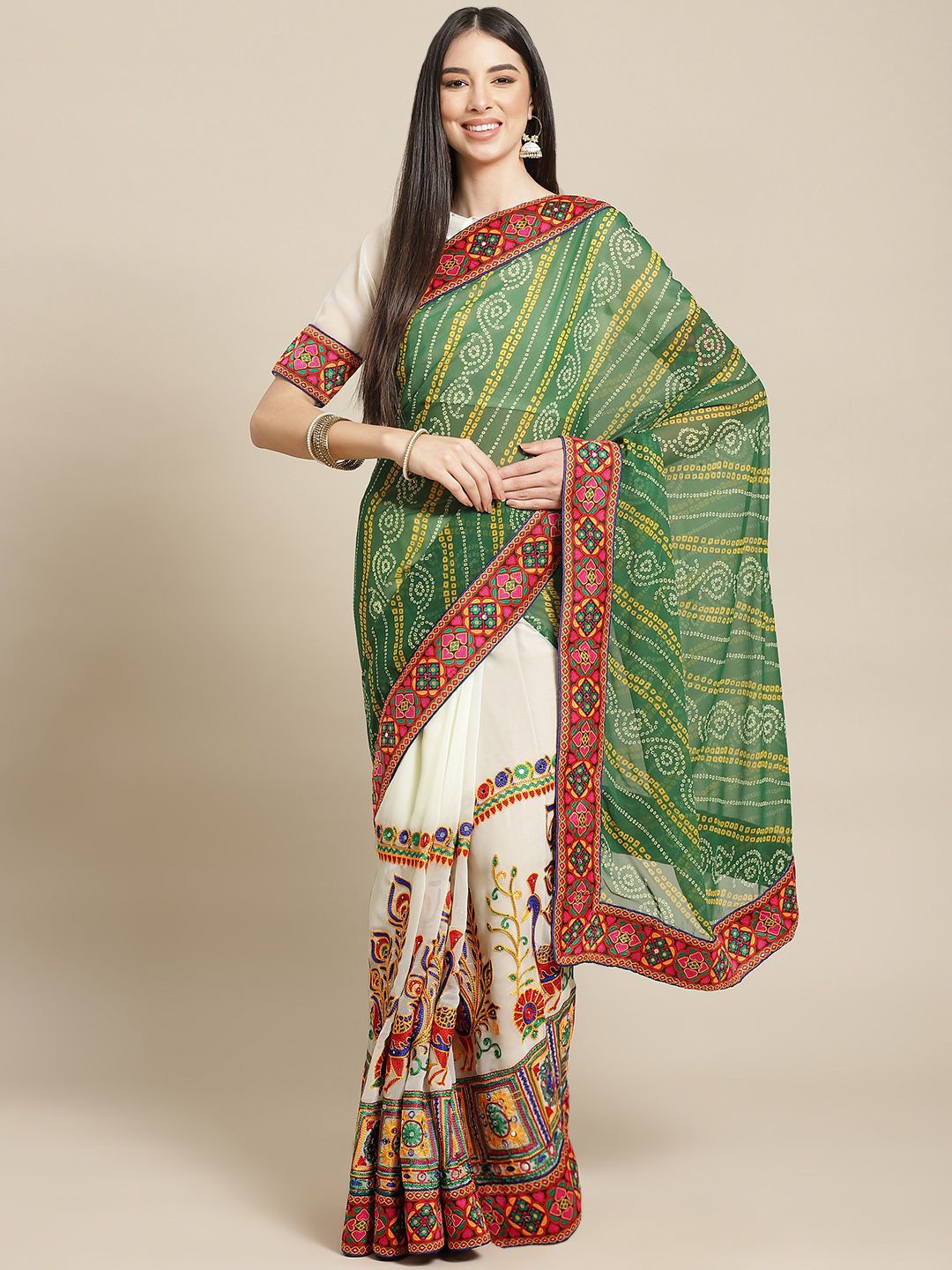 

DIVASTRI Embellished Embroidered Pure Georgette Half and Half Bandhani Saree, Green