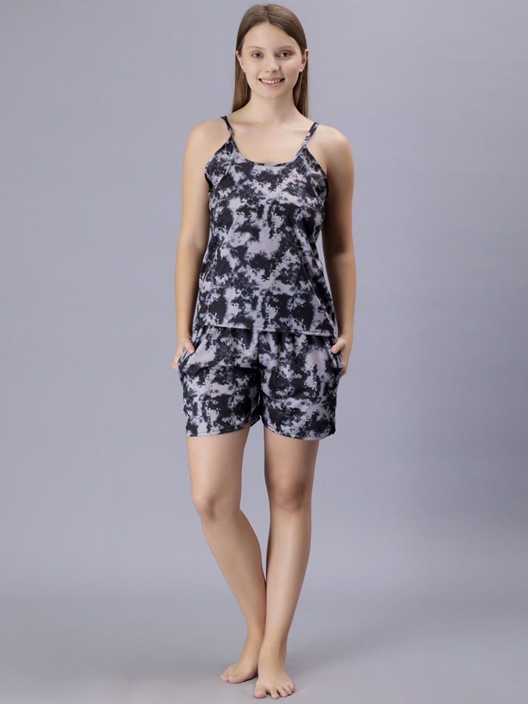 

XPIOX Tie & Dye Printed Shoulder Strap Neck Night Suit, Black