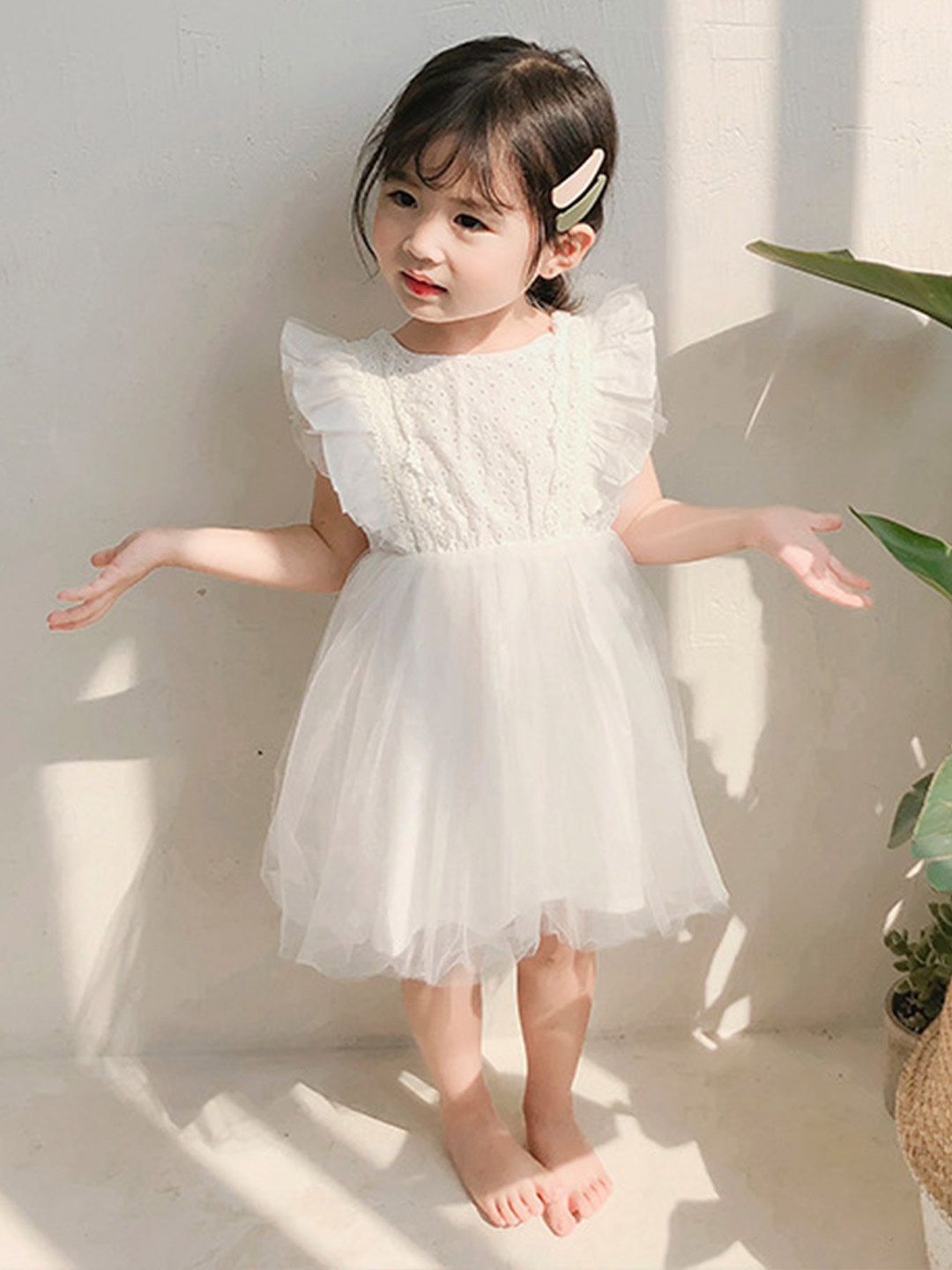 

LULU & SKY Girls Schiffli Flutter Sleeve Cotton Fit & Flare Dress, White