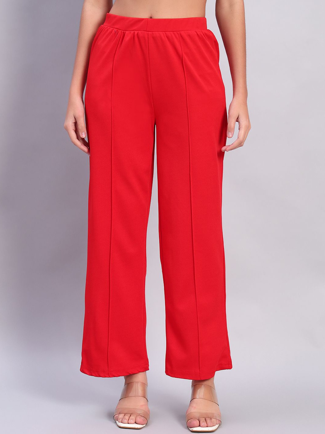 

DIZON Women Striped Original Straight Fit Easy Wash Trousers, Red