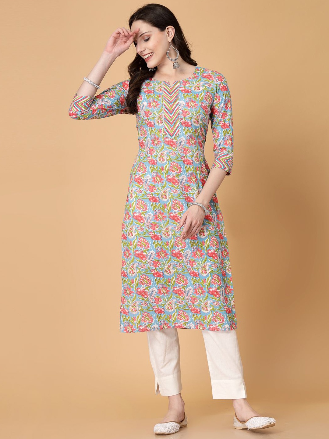 

God Bless Floral Printed Round Neck Pure Cotton Straight Kurta, Blue