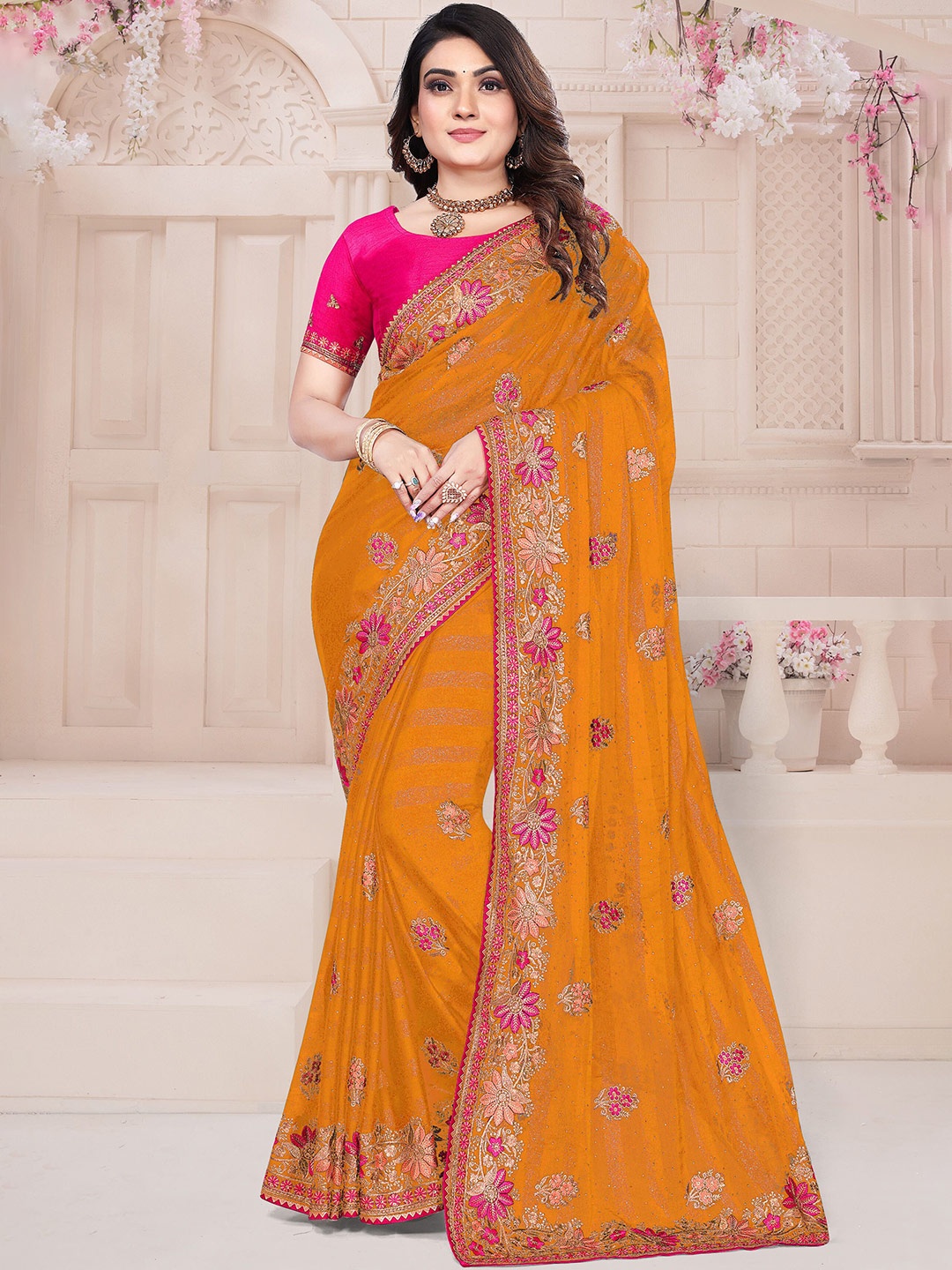 

KHRITI FAB Embellished Embroidered Silk Blend Saree, Gold
