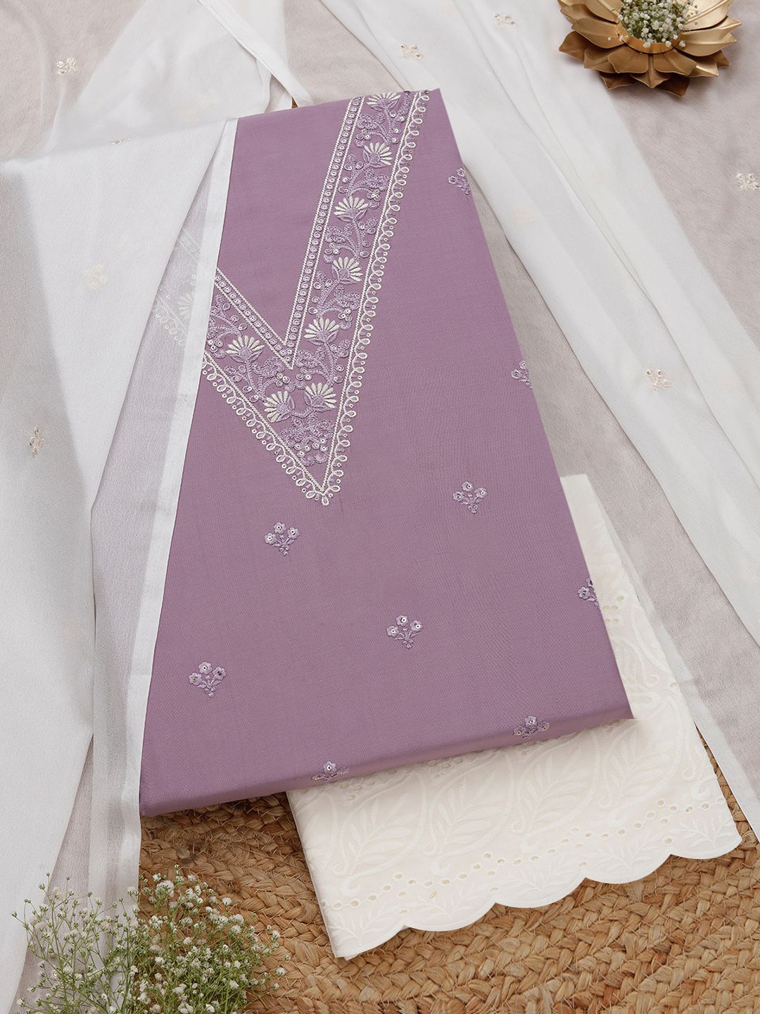 

Soch Floral Embroidered Unstitched Sequinned Dress Material, Lavender