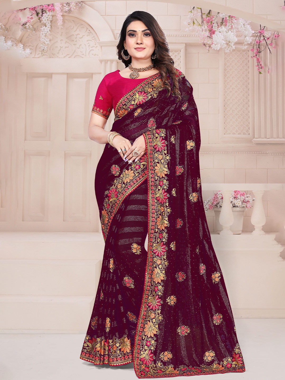 

KHRITI FAB Embellished Embroidered Silk Blend Designer Saree, Red