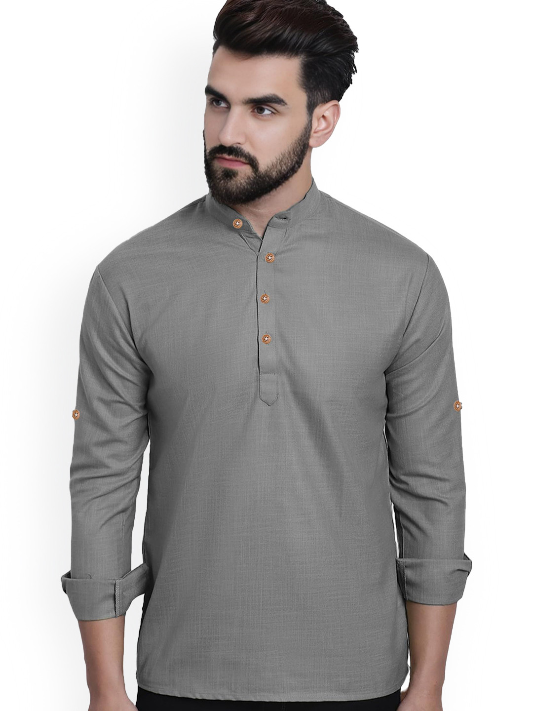 

Vida Loca Cotton Slim Fit Mandarin Collar Short Kurta, Grey