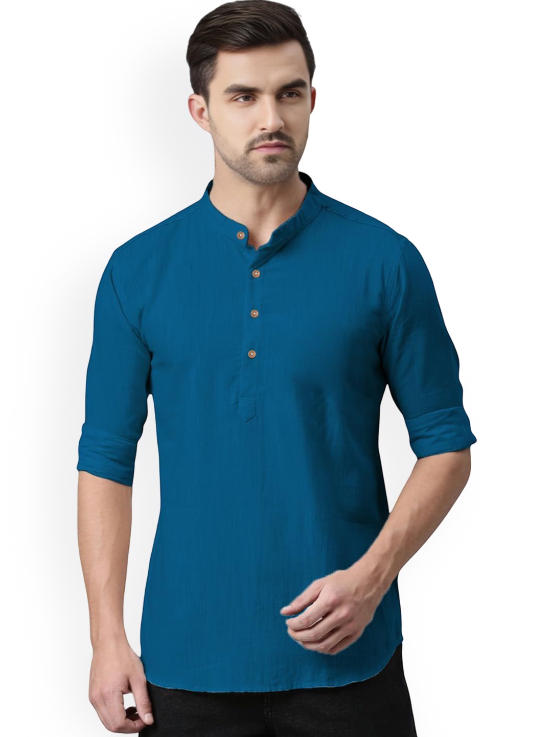 

Vida Loca Band Collar Cotton Straight Short Kurta, Blue