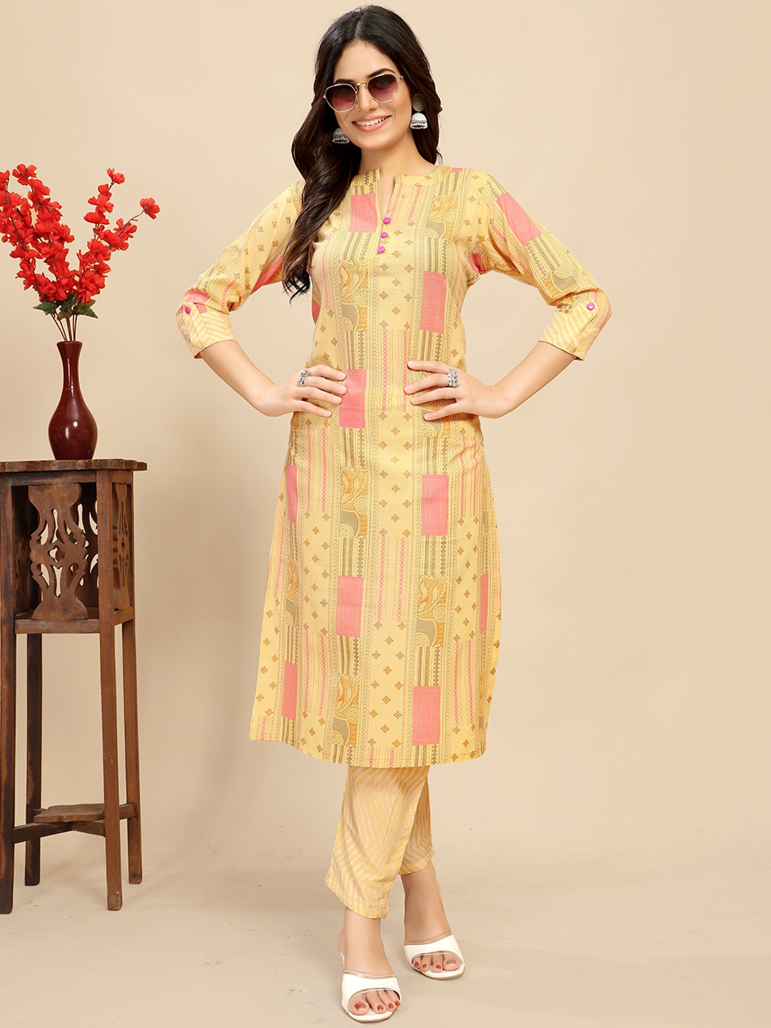 

Moda Rapido Ethnic Motifs Printed Notch Neck Pure Cotton Straight Kurta With Trousers, Yellow