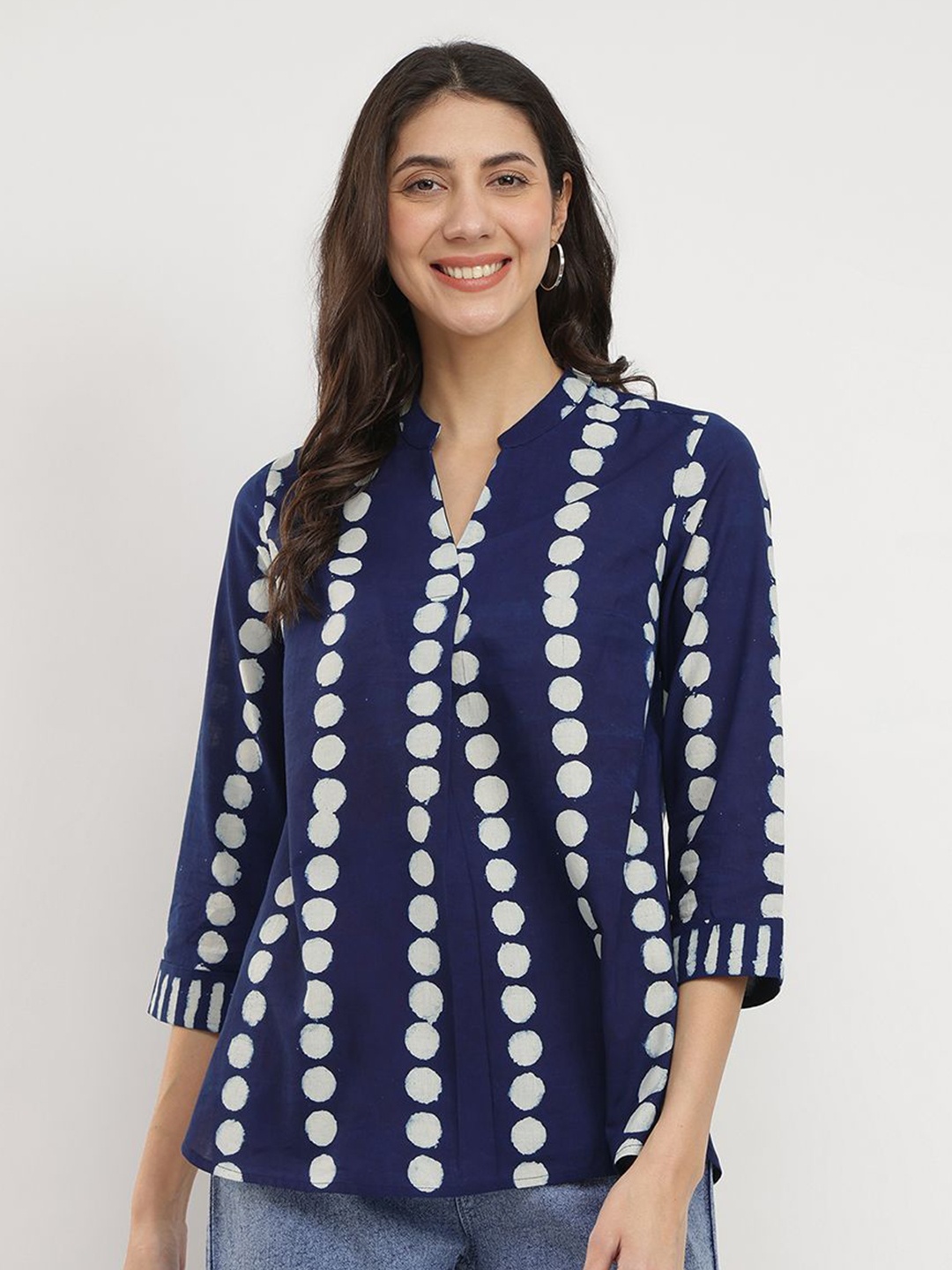 

Pink Fort Women Cotton Dabu Polka Print Top - Indigo, Navy blue