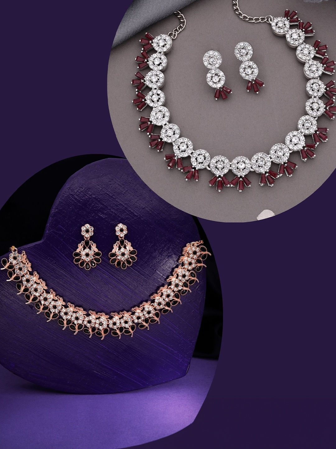 

DIVASTRI Set Of 2 Rose Gold-Plated Artificial Stones-Studded Necklace and Earrings