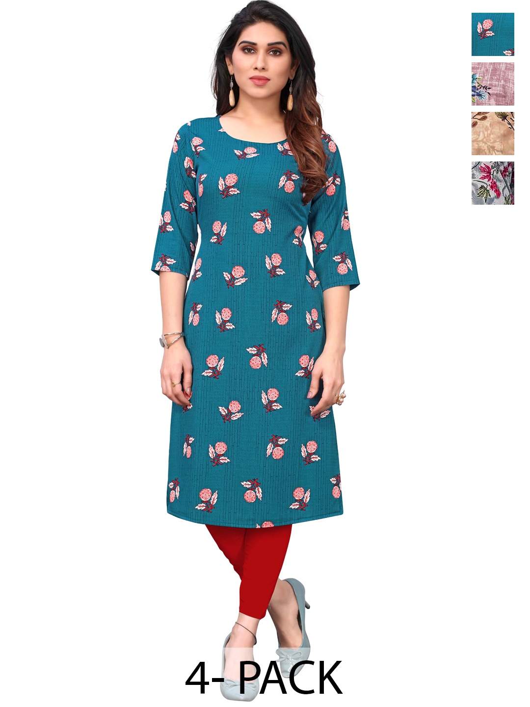 

KETAKI FASHION Selection Of 4 Floral Printed Round Neck Straight Kurtas, Teal