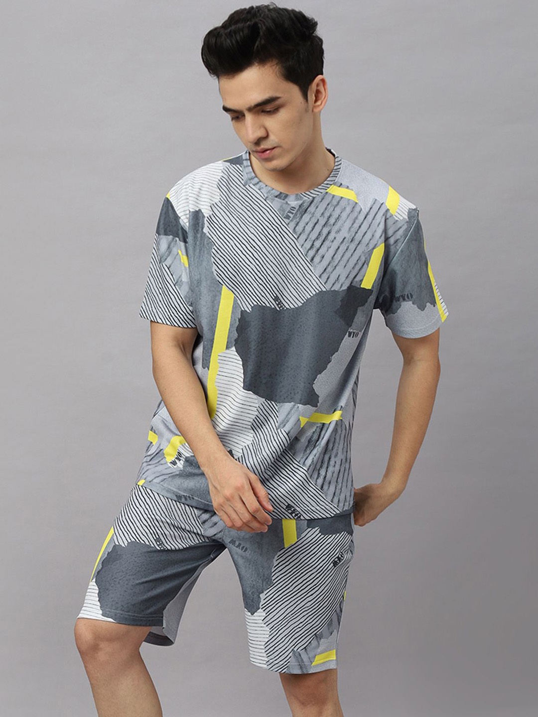 

Wear Your Opinion Men Printed Round Neck Tshirt With Shorts Co-Ord Set, Grey