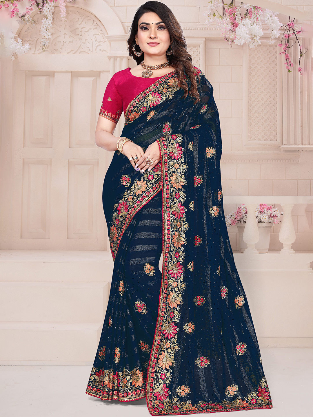 

KHRITI FAB Embellished Embroidered Silk Blend Saree, Sea green