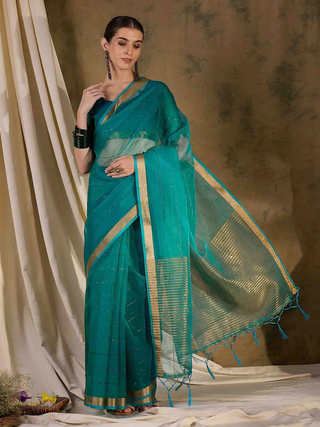 

DIVASTRI Striped Organza Zari Saree, Teal