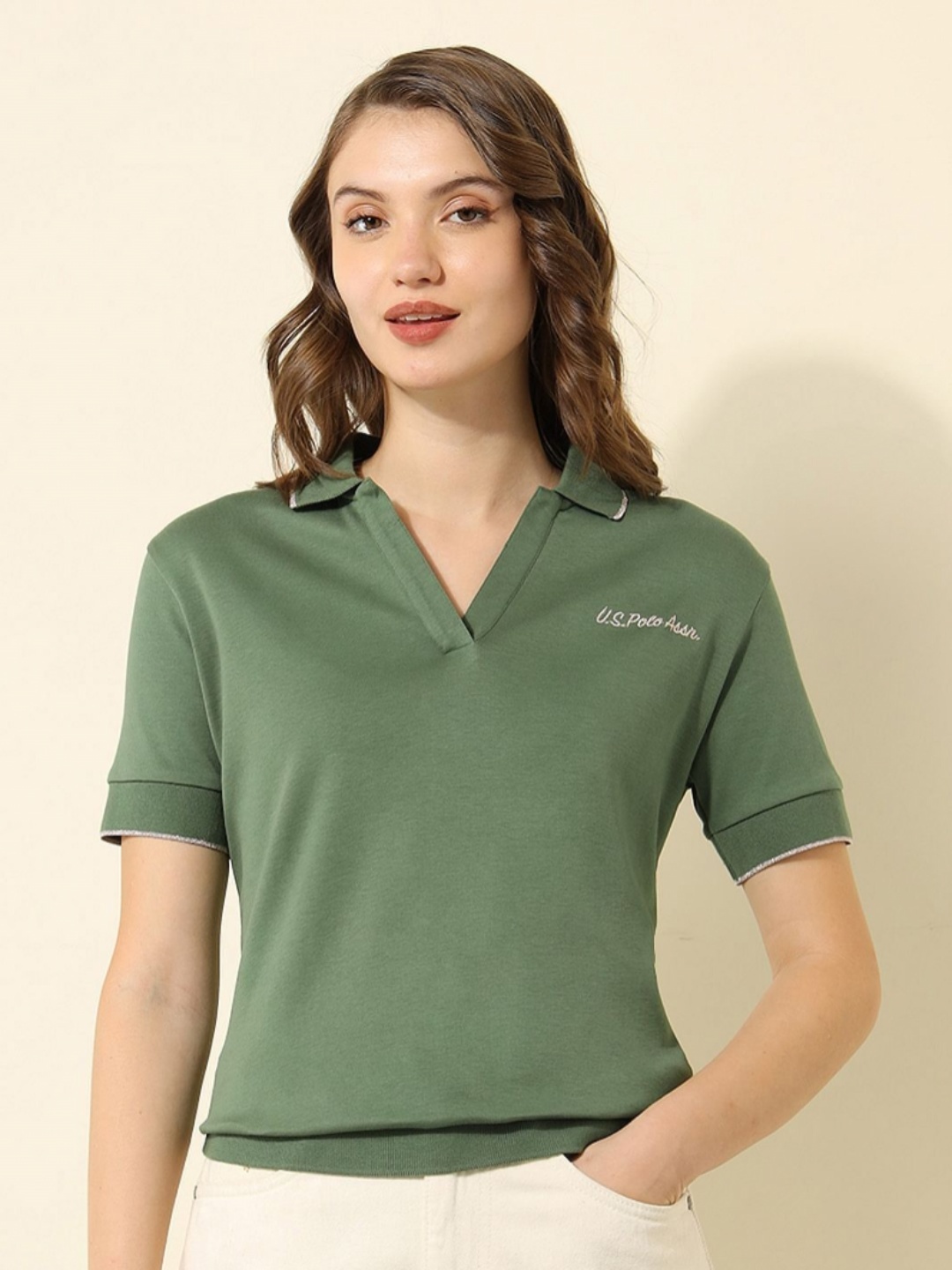 

U.S. Polo Assn. Women Solid Polo Collar Cotton T-shirt, Green