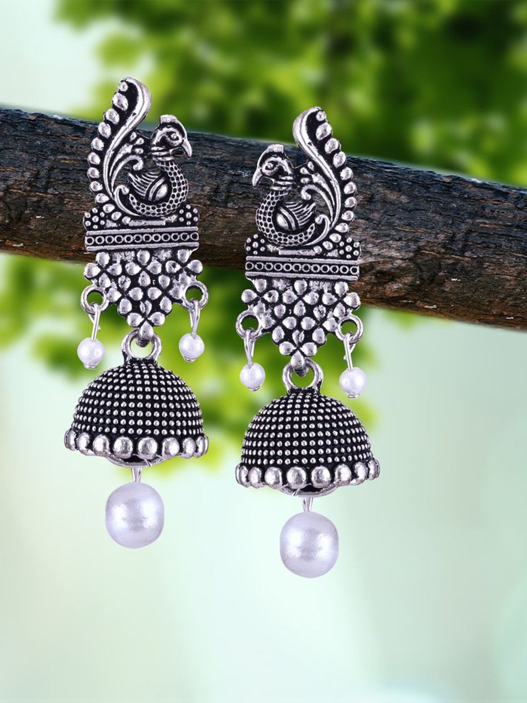 

DIVASTRI Set of 5 Silver-Plated Pearls Beaded Oxidized Peacock Shaped Jhumkas