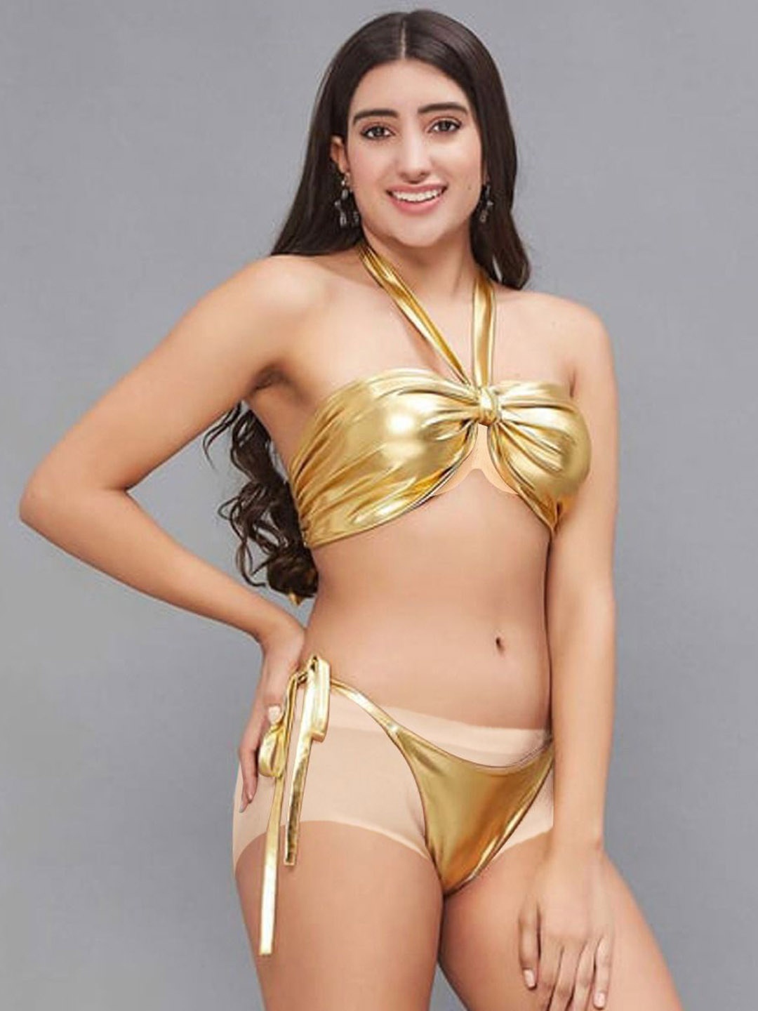 

Krelin Halter Neck Tie Ups Bikini Set, Gold
