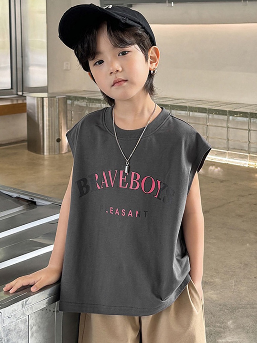 

LULU & SKY Boys Typography Printed Round Neck Cotton Relaxed Fit T-shirt, Grey