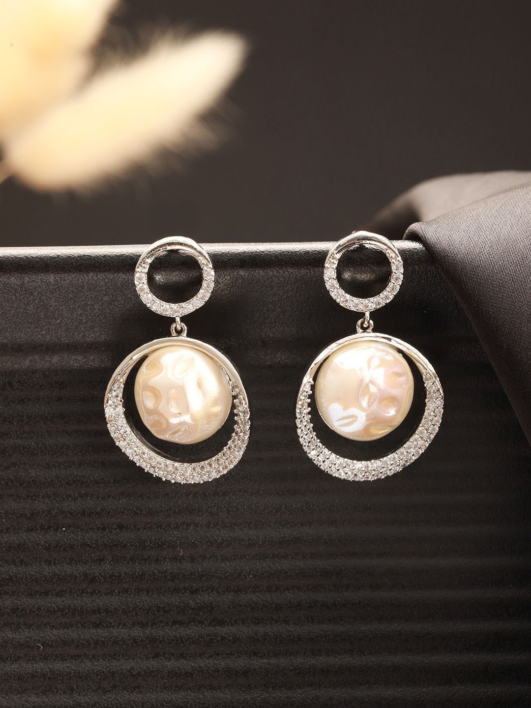 

Saraf RS Jewellery Silver-Plated Artificial Stones Studded And Pearls Beaded Drop Earrings, White