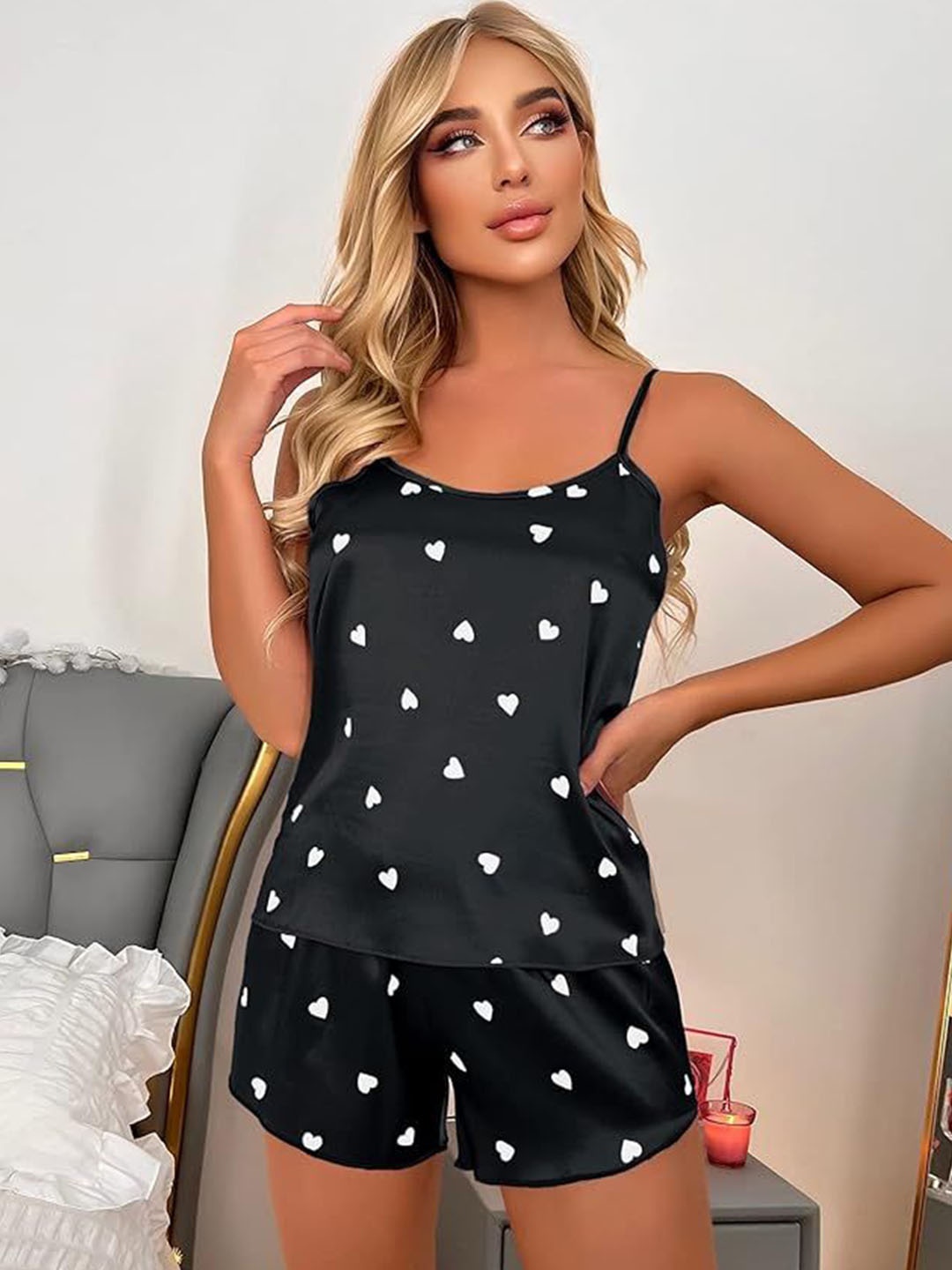 

XPIOX Printed Shoulder Strap Neck Night Suit, Black
