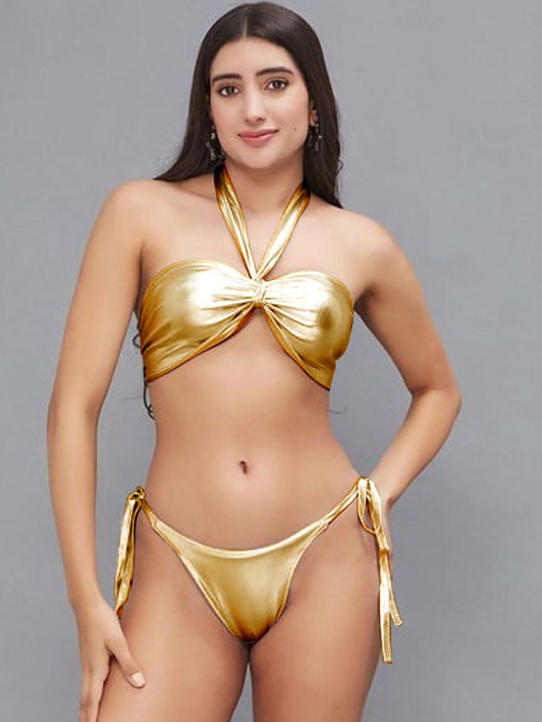 

FIMBUL Halter Neck Tie Ups Bikini Set, Gold