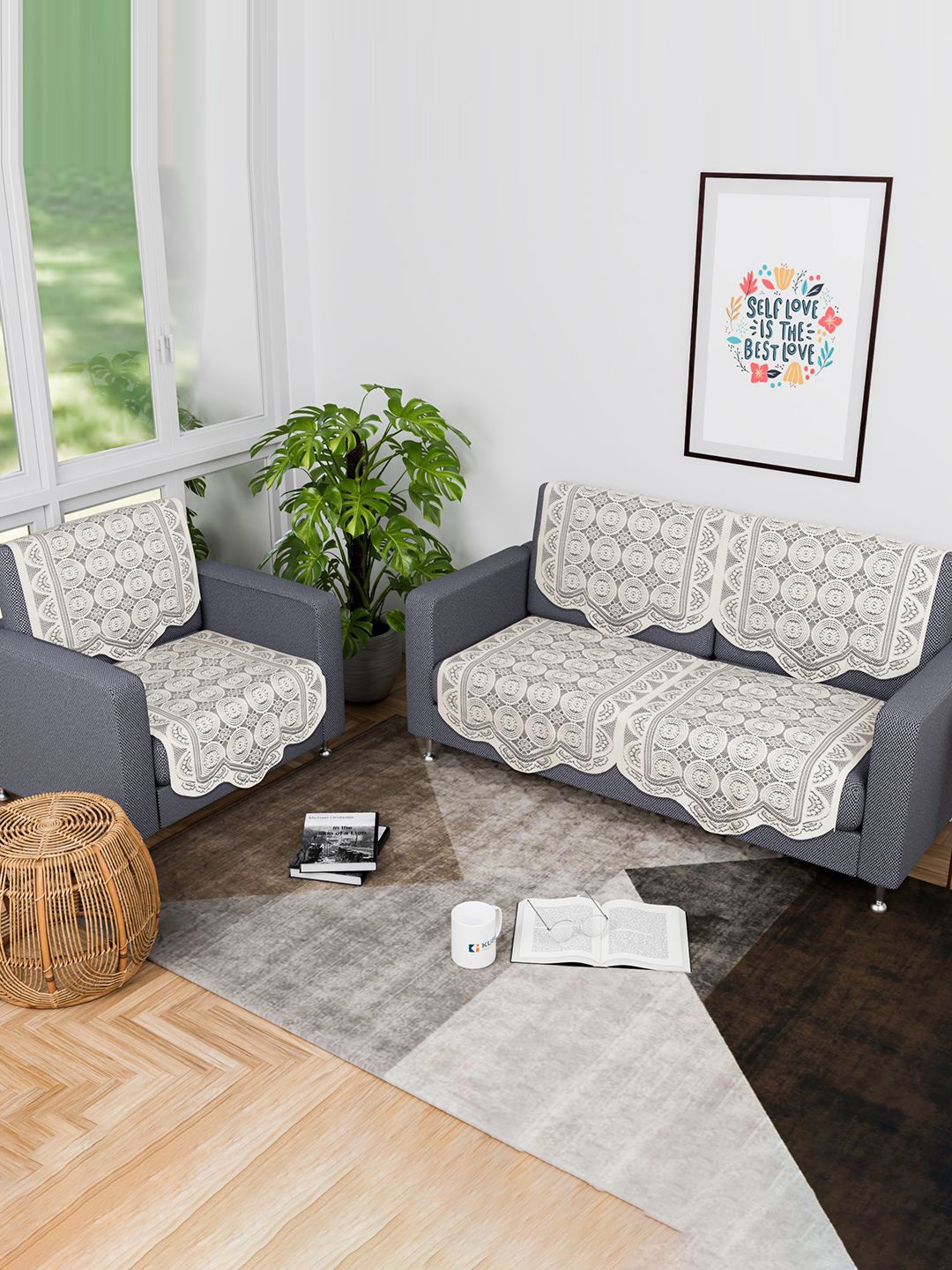

Kuber Industries Off White 6 Pieces Self Design Cotton 3 Seater Sofa Covers
