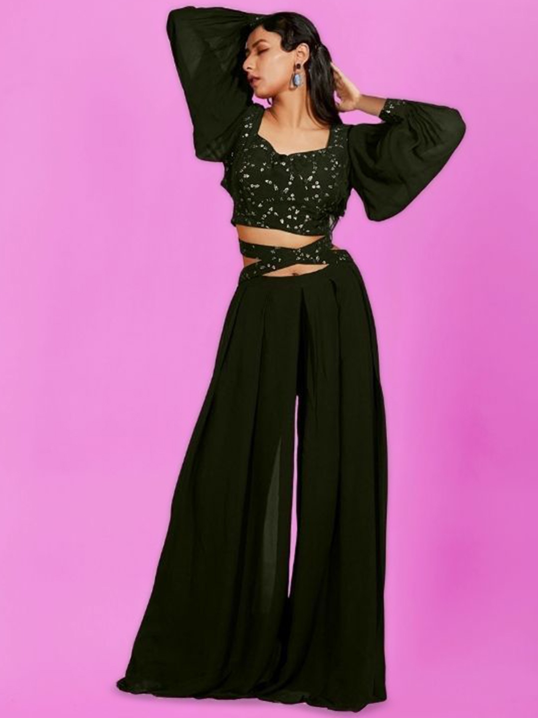 

PARROT CREATION Floral Embroidered Poly Georgette V-Neck Crop Top With Palazzos, Olive