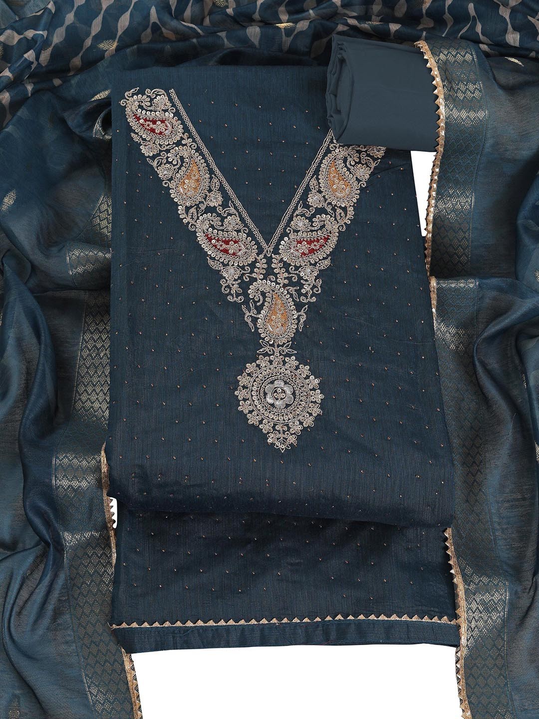 

Riti Paisley Sequence Embroidered Unstitched Dress Material, Navy blue